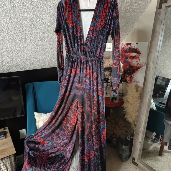 NWT FP Giselle Velvet Stretchy Wide Leg Jumpsuit Dark Combo Xs - Picture 15 of 17